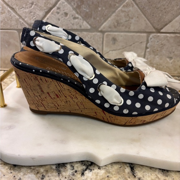 Sperry Polka Dot Bow Open Toe Cork Heel Wedge - Picture 2 of 16